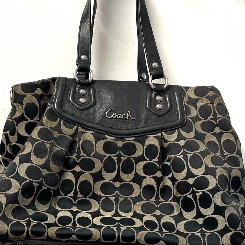 Coach Ashley Signature Shoulder Tote in Black and Cream